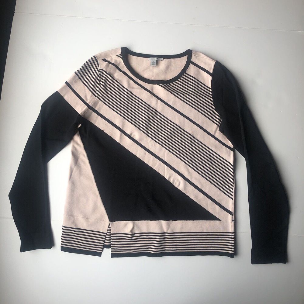 Halogen Peach Black Striped Round Neck Knit Long Sleeve Top Size Small